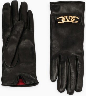 Black leather gloves with logo