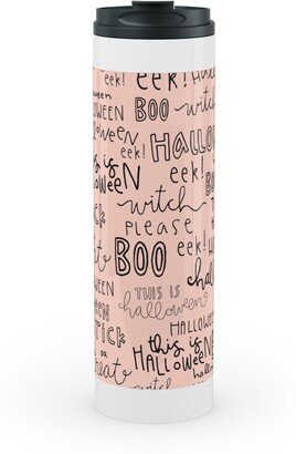 Travel Mugs: Halloween Words - Black Stainless Mug, White, 20Oz, Pink