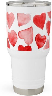 Travel Mugs: Red Hearts Watercolor - Red Travel Tumbler, 30Oz, Red