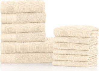 Modern Combed Cotton Honeycomb Jacquard and Solid Plush 12-Piece Towel Set, Ivory - Blue Nile Mills