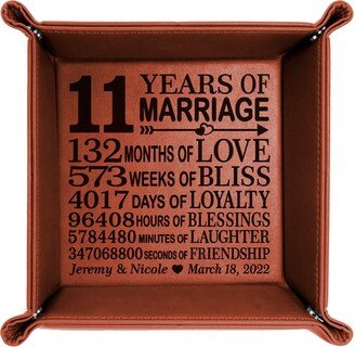 Personalized - 11 Years Of Marriage Engraved Leather Valet Tray. Traditional Steel Gifts For Eleventh Anniversary Couple, Husband & Wife