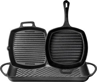 Pre Seasoned Cast Iron 3 Piece Grill Bundle Gift Set, Black Set of 3