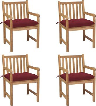 Patio Chairs 4 pcs with Wine Red Cushions Solid Teak Wood - 22.8'' x 23.6'' x 35.4''