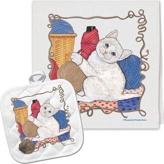 Cat White Kitchen Dish Towel & Pot Holder Gift Set