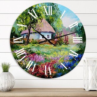 Designart 'House On The Mountain With Blossoming Flowers I' Traditional wall clock