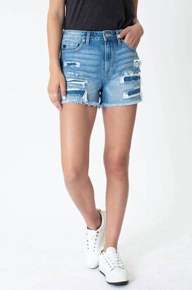 High Rise Fray Hem Mom Shorts In Medium Wash