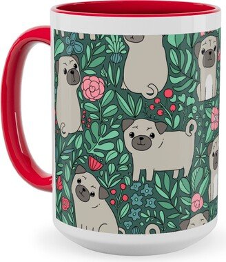 Mugs: Cute Pugs And Flowers - Multicolor Ceramic Mug, Red, 15Oz, Green