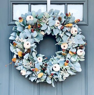 Fall Farmhouse Lambs Ear White Pumpkin & Acorn Wreath For Front Door, Autumn