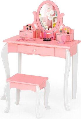 Kids Vanity Princess Makeup Dressing Table Stool Set with Mirror and Drawer - 27.5 x 13 x 39