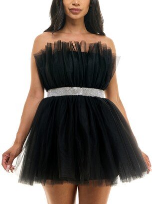 Juniors' Strapless Embellished-Waist Tulle Dress - Black/Cry