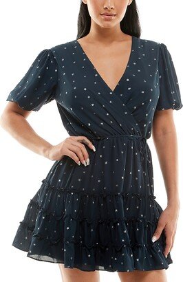 Juniors' Printed V-Neck Short-Sleeve Tiered Dress - Navy/Silver