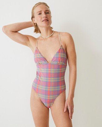 Strappy cross-back one-piece swimsuit in sunset plaid