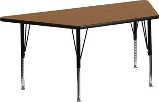 29''W x 57''L Trapezoid Oak Thermal Laminate Activity Table - Height Adjustable Short Legs