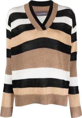 striped V-neck intarsia-knit cardigan