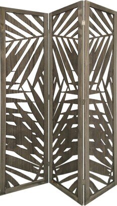 3 Panel Wooden Screen with Laser Cut Tropical Leaf Design, Gray