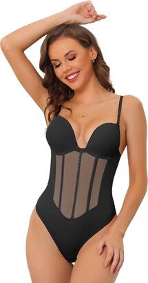 Allegra K Women's Mesh Panel Leotard Jumpsuit Top Bodysuit Tummy Control Sculpting Body Shaper Shapewear Thong with Adjustable Straps Black S