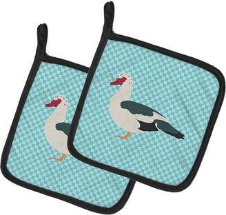 Muscovy Duck Blue Check Pair of Pot Holders