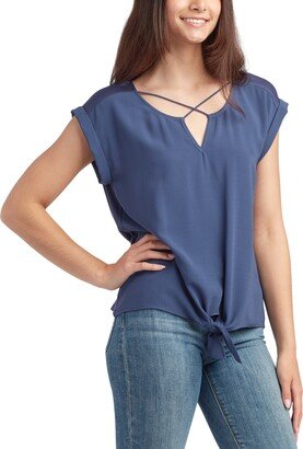 Juniors' Lattice-Detail Split-Neck Pullover Top