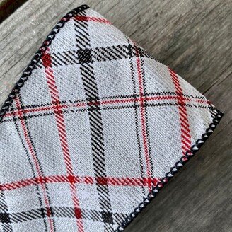 White Red and Black Diagonal Plaid Wired Ribbon