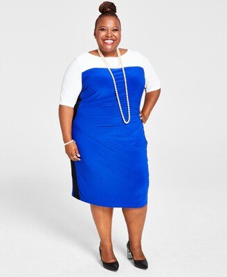 Plus Size Chaplin Colorblocked Elbow-Sleeve Dress - Royal Blue / Black / White