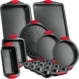 Kitchen Oven Non Stick Gray Coating Carbon Steel 8 Piece Bakeware Set with Heat Resistant Red Silicone Handles