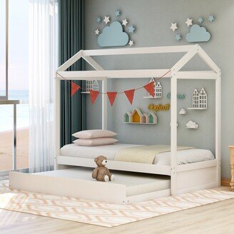 TOSWIN Modern Simple Style Pine Wood Twin Size Canopy Bed with Wheeled Bed and House Shaped Frame