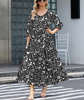 Black & White Floral Tiered Puff-Sleeve Maxi