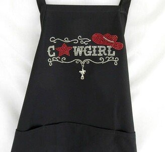 Rhinestone Red & Clear Cowgirl Black Cooking Apron With Two Charms, Unique Gift For The Cook Or Western Theme Restaurant