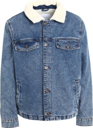 Borg Collar Denim Jacket In Mid Wash Blue Denim Outerwear Blue