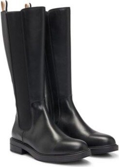 Leather knee boots with low heel and branded trim-AA