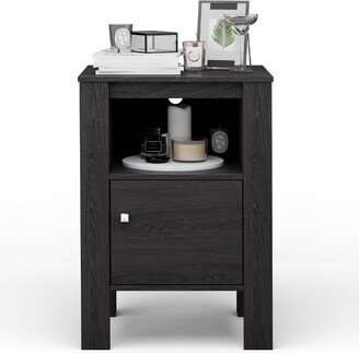 Nightstand Compact Side End Sofa Table with Open Shelf & Cabinet Dark Grey Oak