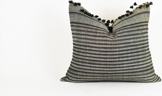 Chandler - Grey Charcoal Silk Pillow With Navy Stripes & Poms