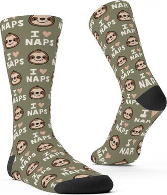 Socks: I Heart Naps - Cute Sloths - Olive Green Custom Socks, Green