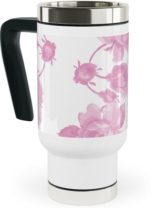 Travel Mugs: Saint Colette June Roses - Pink Travel Mug With Handle, 17Oz, Pink