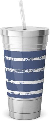 Travel Mugs: Distressed Dusty Blue And White Stripes Stainless Tumbler With Straw, 18Oz, Blue