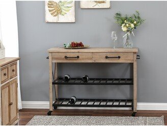 2-Drawer Rustic Natural Wood Kitchen Cart with Black Metal Rack Open Storage