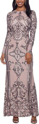 Petites Womens Sequined Long Sleeve Evening Dress