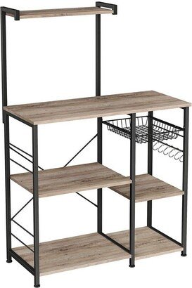 52 Inch Wood Bakers Rack, Kitchen Shelf, 6 Hooks, Workstation, Brown, Black - 35.43L x 15.75W x 51.97H, in inches