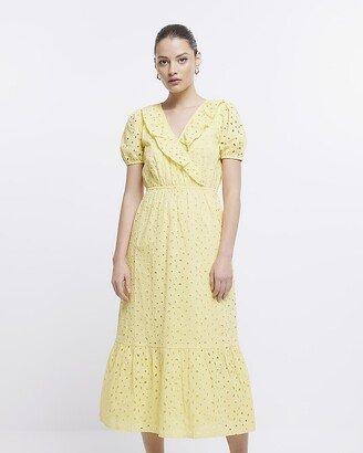 Womens Yellow Broderie Wrap Midi Dress