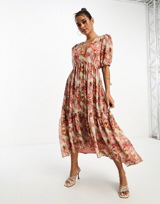 open back midi dress with puff sleeve in floral print