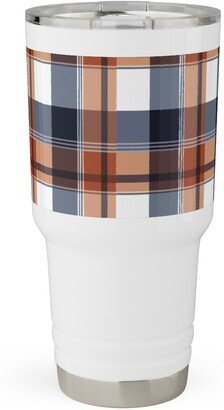 Travel Mugs: Navy & Orange Plaid Travel Tumbler, 30Oz, Multicolor