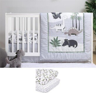 The Green Dino 5 Piece Baby Nursery Crib Bedding Set, Quilt, Crib Sheets, Crib Skirt - Green/ivory/grey