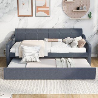 EDWINRAY Twin Size Upholstery DayBed with Trundle and USB Charging Design, Grey