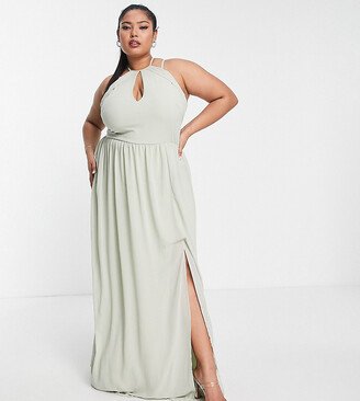 TFNC Plus Bridesmaid strappy back halter neck dress in sage green