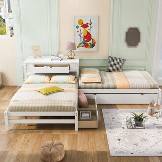 TOSWIN L-Shaped Full Platform Beds with Twin Trundle & Drawers, Linked with Built-in Table-AA