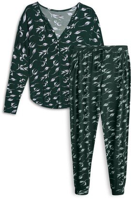 AQS Leaf Print Long Sleeve Henley & Joggers 2-Piece Pajama Set-AA