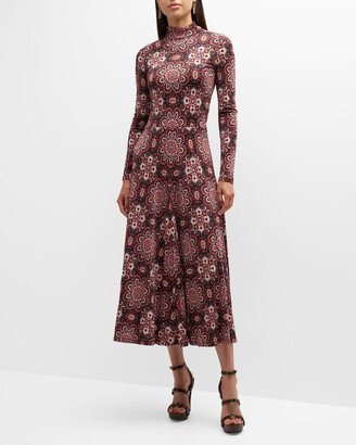 Agata Mock-Neck Long-Sleeve Printed Midi Dress