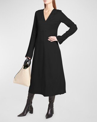 V-Neck Long-Sleeve Satin Midi Dress