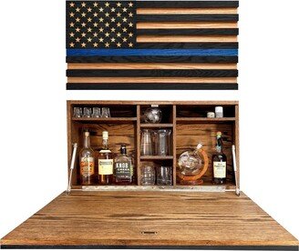 Police Officer American Flag Murphy Bar - Thin Blue Line Hanging Wall Cabinet Solid Wood Hidden Hideaway Liquor