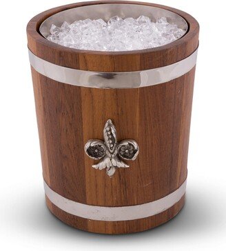 Teak Wood Ice, Champagne, Wine, Beverage Bucket with Solid Pewter Fleur De Lis Emblem and Pewter Bands